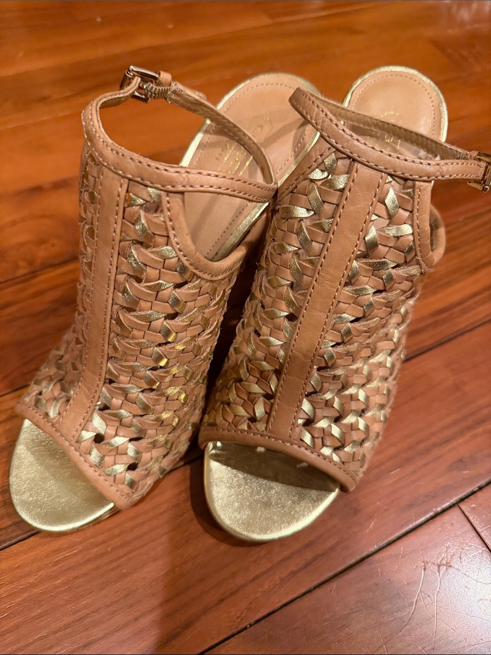 Woven Coach Leela Tan and Gold Peep-Toe heel sandals